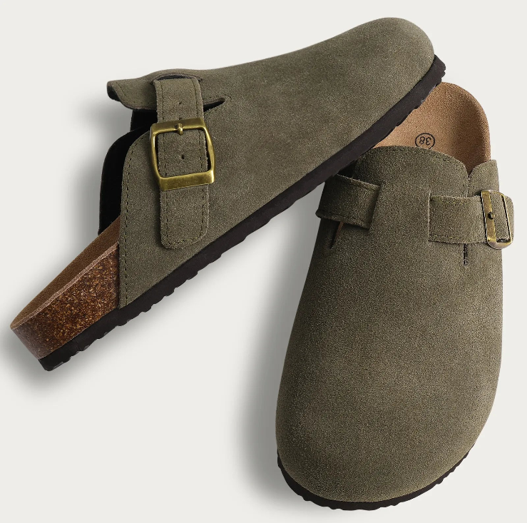 Comfort suede clogs with cork footbed