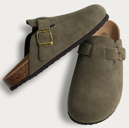 Comfort suede clogs with cork footbed