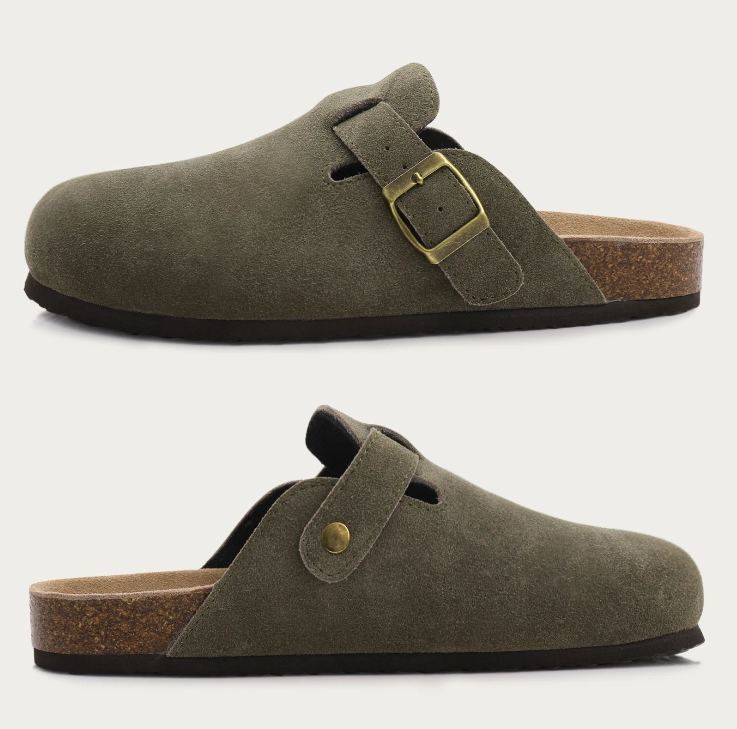 Comfort suede clogs with cork footbed
