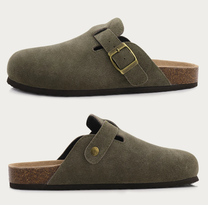 Comfort suede clogs with cork footbed